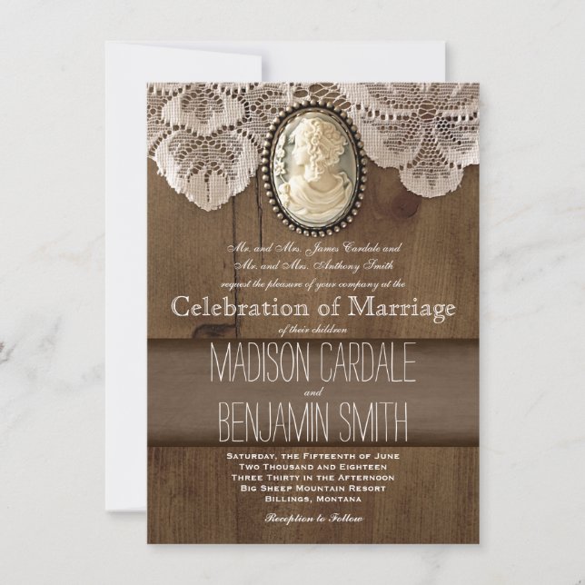 Convites de madeira do casamento do laço do broche (Frente)