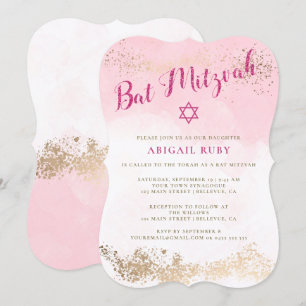 Convites de Mitzvah do bastão brilho cor-de-rosa 