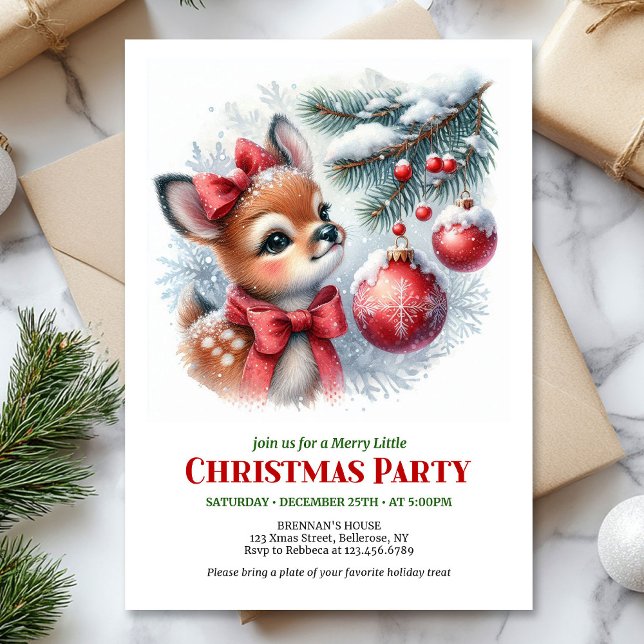 Convites de Natal em aquarela para crianças com ce (Cute baby deer watercolor Christmas kids invitation template)