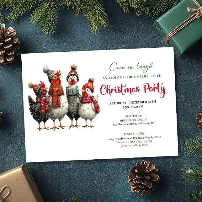 Convites de Natal em Aquarela para Festa com Galin (Quirky Chickens Watercolor Christmas Party Editable)