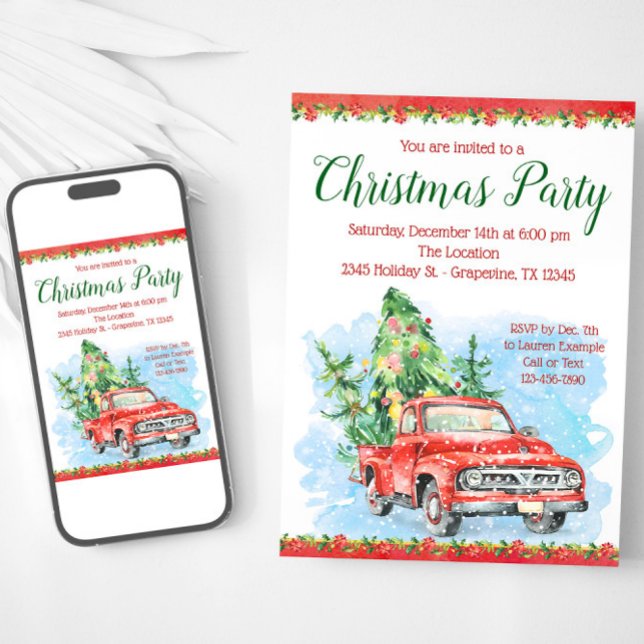 Convites de Natal para Festa com Caminhão Antigo (Vintage truck Christmas party invitation. Available for instant download and print.)