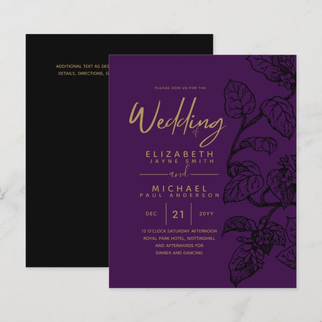 CONVITES DE NOIVA Clássicos com Motivo de Folhas d (Frente/Verso)