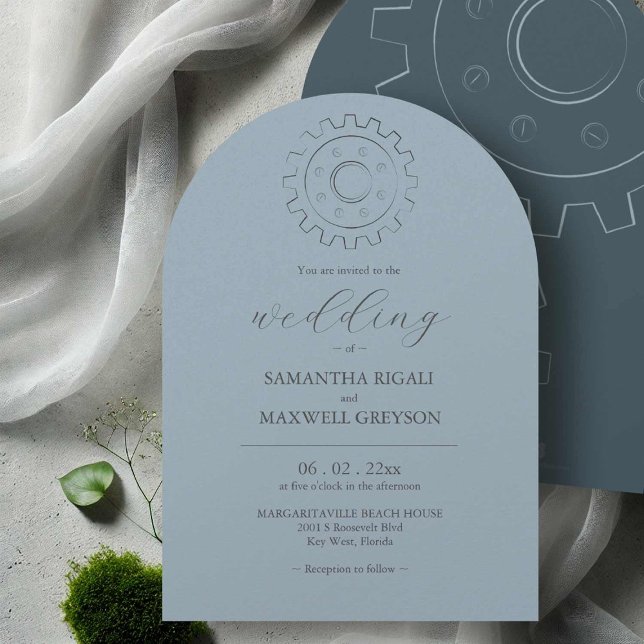 Convites de Noivado Azul Industrial Chic Steal (Industrial chic wedding invitations gear line art by Victoria Grigaliunas of Do Tell A Belle)