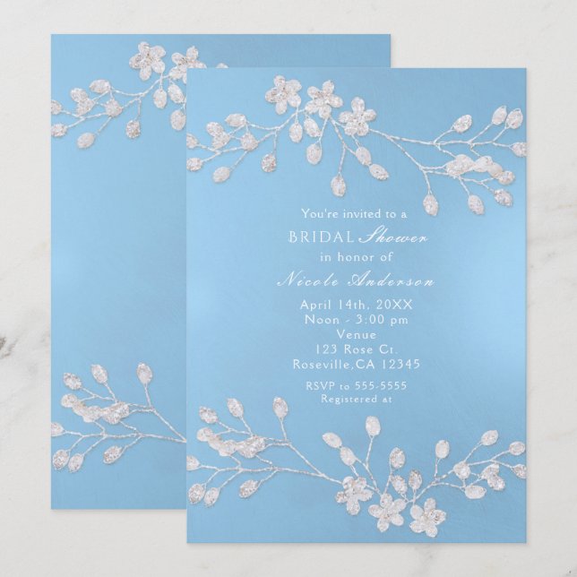 Convites de Noivado com Galho Floral Branco Azul (Frente/Verso)