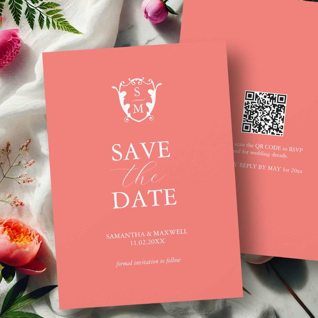 Convites de Noivado Laranja Ousado para Salvar a D (Save the date wedding invitations bold orange maximalist design with QR code and monogram)