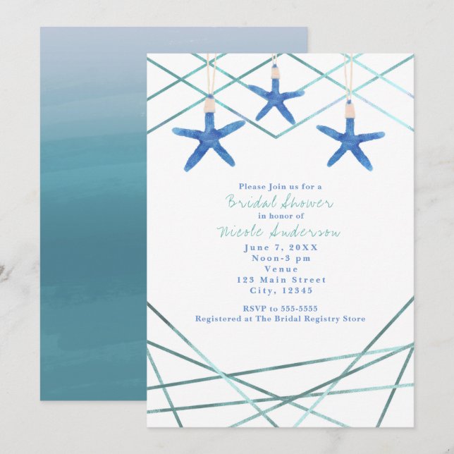 Convites de Praia Elegantes com Estrelas-do-Mar e  (Frente/Verso)