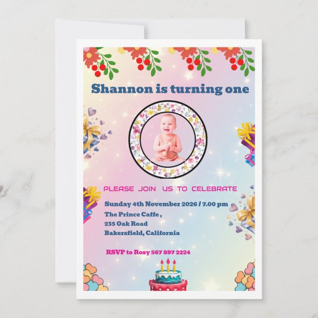 Convites de Primeiro Aniversário Florais Rosa (Frente)
