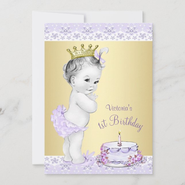 Convites de Primeiro Aniversário Lavanda Dourado p (Frente)