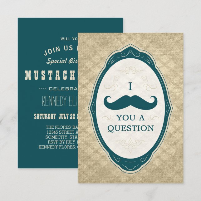 Convites de Quadro Vintage Pergunta Bigode Bash (Frente/Verso)
