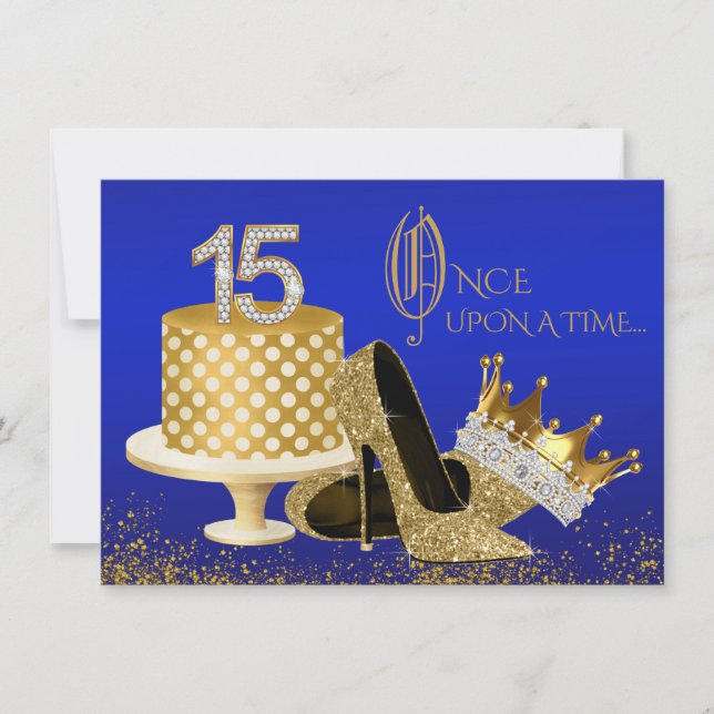 Convites de Quinceanera Azul Real e Dourado (Frente)