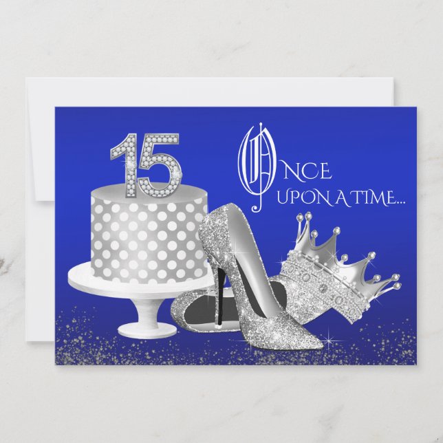 Convites de Quinceanera Azul Real e Prata (Frente)