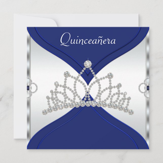 Convites de Quinceanera Branco e Azul Real (Frente)