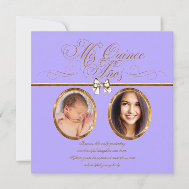 Convites de Quinceanera com Foto Roxo Lavanda Dour (Frente)