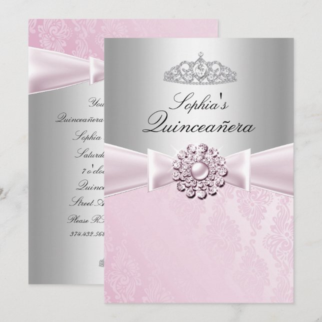 Convites de Quinceanera com Laço Rosa e Tiara (Frente/Verso)