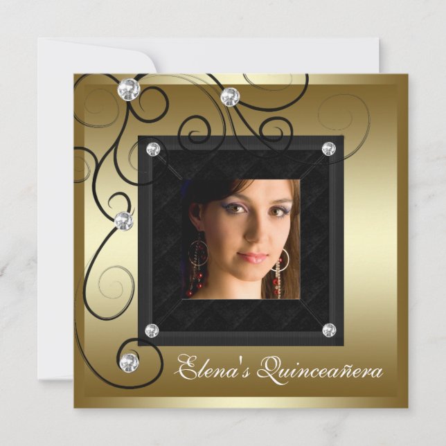 Convites de Quinceanera com Pérolas Preto Dourado  (Frente)