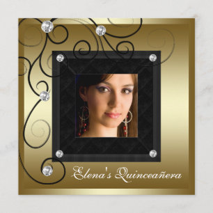 Convites de Quinceanera com Pérolas Preto Dourado 