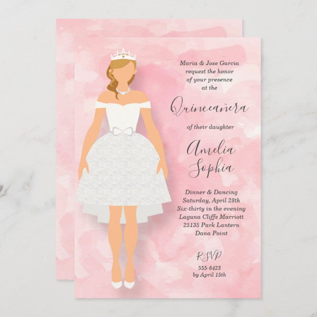 Convites de Quinceanera, Cor-de-Rosa, de Vestido B (Frente/Verso)