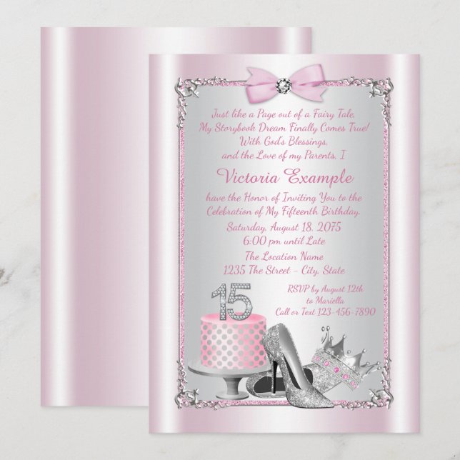 Convites de Quinceanera da Princesa Rosa (Frente/Verso)