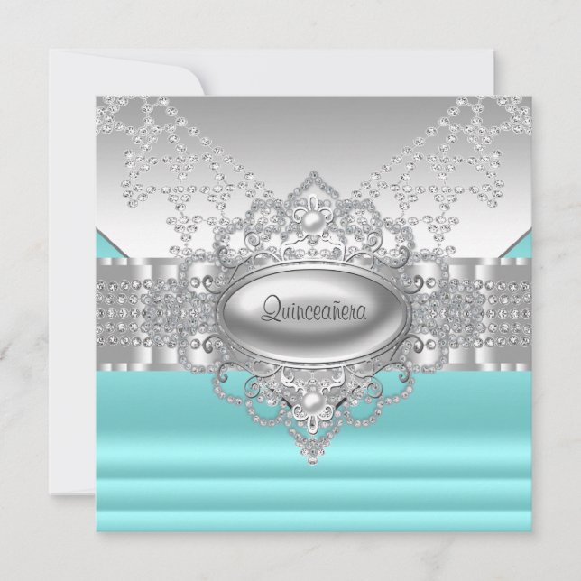 Convites de Quinceanera Diamantes Pérolas Azul Tur (Frente)