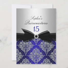 Convites de Quinceanera em Damasco Azul e Prata