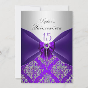 Convites de Quinceanera em Damasco Roxo e com Laço