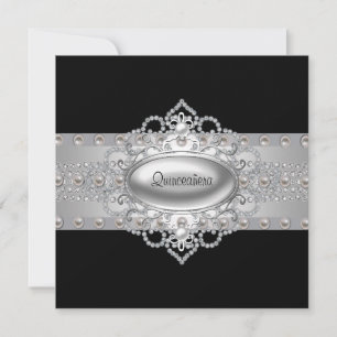 Convites de Quinceanera Preto com Diamantes Pérola