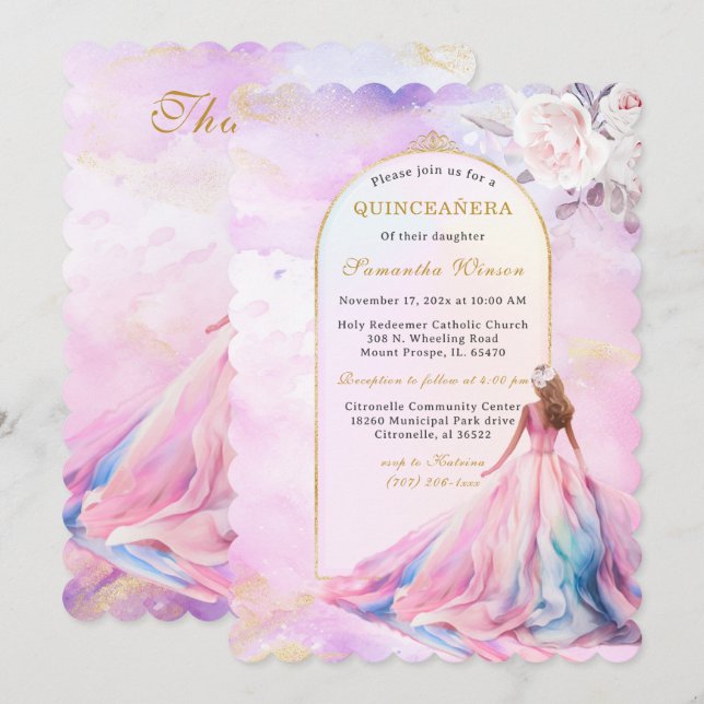 Convites de Quinceanera Rosa e Dourado (Frente/Verso)