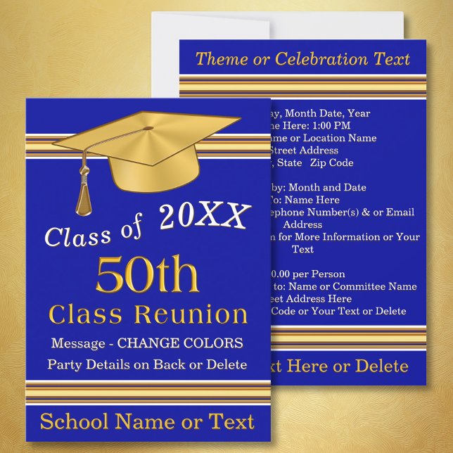 Convites de Reunião de 50 Classes Azul e Dourada (Customizable, 50th Class Reunion Invitations. Blue and Gold, 50 year class reunion invitations. )
