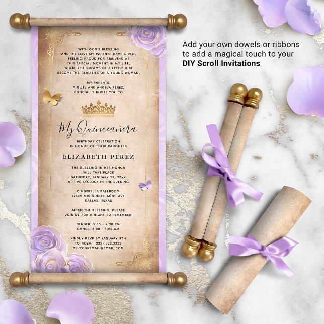 Convites de Rolagem de Fresos Dourados e Roxos (DIY scrolls do not come with dowels. Add your own or roll up with a ribbon for a personalized touch!)