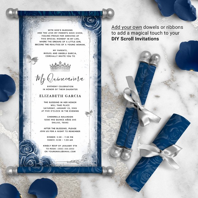 Convites de rolagem de Prata e Marinho Blue Quince (DIY scrolls do not come with dowels. Add your own or roll up with a ribbon for an elegant touch!)
