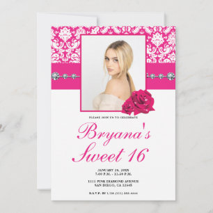 Convites de Rosas Rosa Quente e Brilho de Diamante