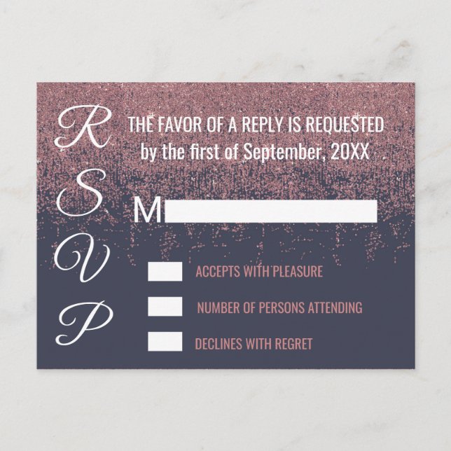 Convites de RSVP Azul Marinho com Brilho em Rose G (Frente)