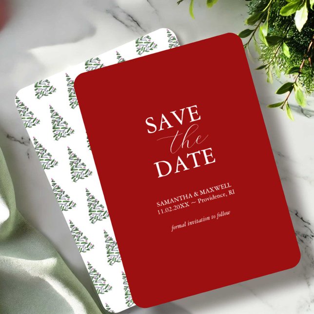 Convites de Salve a Data para Casamento nas Férias (Holiday wedding save the date invitations watercolor Christmas trees art by Victoria Grigaliunas)