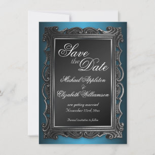 Convites de Save the Date azuis de moldura gótica