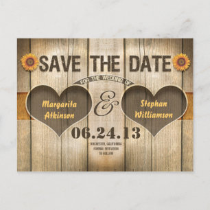 convites de save the date com madeira e girassóis