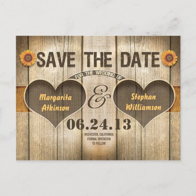 convites de save the date com madeira e girassóis (Frente)