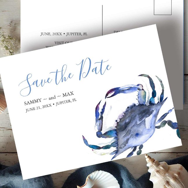 Convites de Save The Date de Casamento na Praia se (beach wedding save the date postcards watercolor blue crab art by Victoria Grigaliunas DoTellABelle)