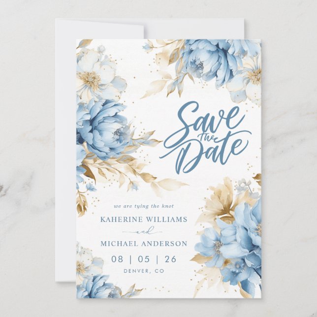 Convites de Save The Date Flor Branca Azul Pastel (Frente)