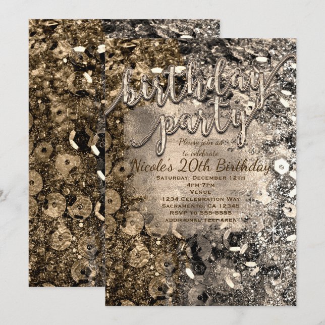 Convites de Sequins de Aniversário Prata e Ouro (Frente/Verso)