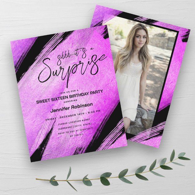 Convites de Surpresa Sweet 16 Rosa Choque Modernos (Budget Modern Hot Pink Surprise Sweet 16 Invites )