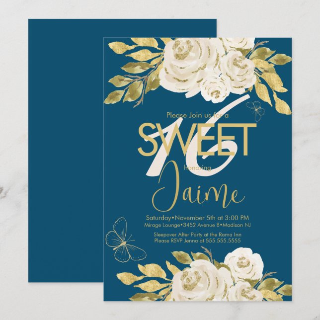 Convites de Sweet 16 com Monograma Rosa Floral Mar (Frente/Verso)