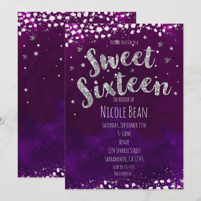 Convites de Sweet 16 Roxo e Prata Estrelado Noturn (Frente/Verso)