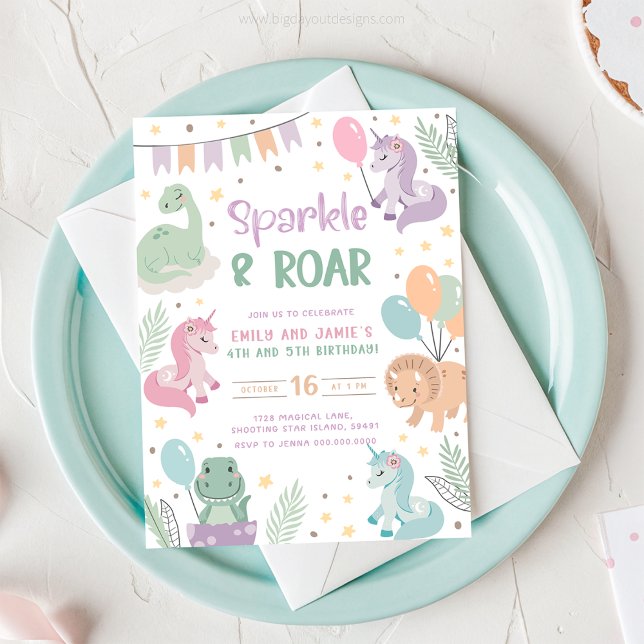 Convites de Unicórnio e Dinossauro. Digital Editáv (Unicorn and Dinosaur Sparkle and Roar - Joint Birthday Invitation)