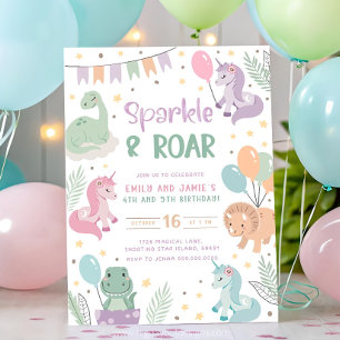 Convites de Unicórnio e Dinossauro Irmãos Par Conj