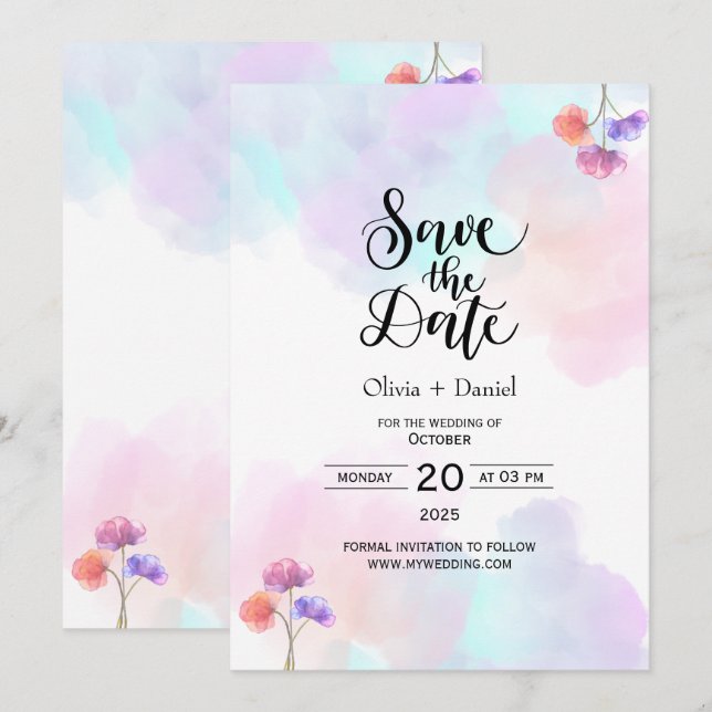 Convites Delicados De Casamento Rosa E Azul (Frente/Verso)