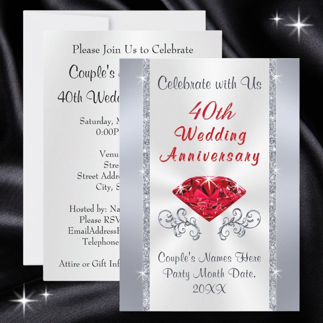 Convites Deslumbrantes para 40º Aniversário de Cas (Personalised 40th wedding anniversary invitations. Ruby themed anniversary party. Ruby anniversary.)