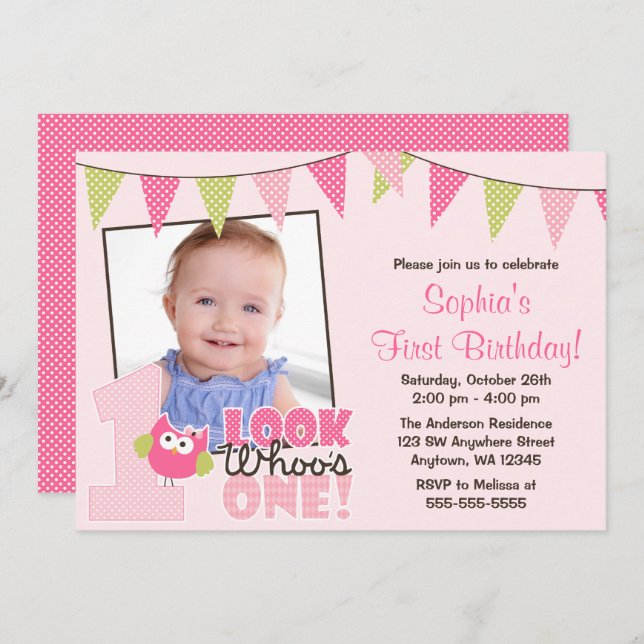 Convites do aniversário da foto da coruja verde (Frente/Verso)