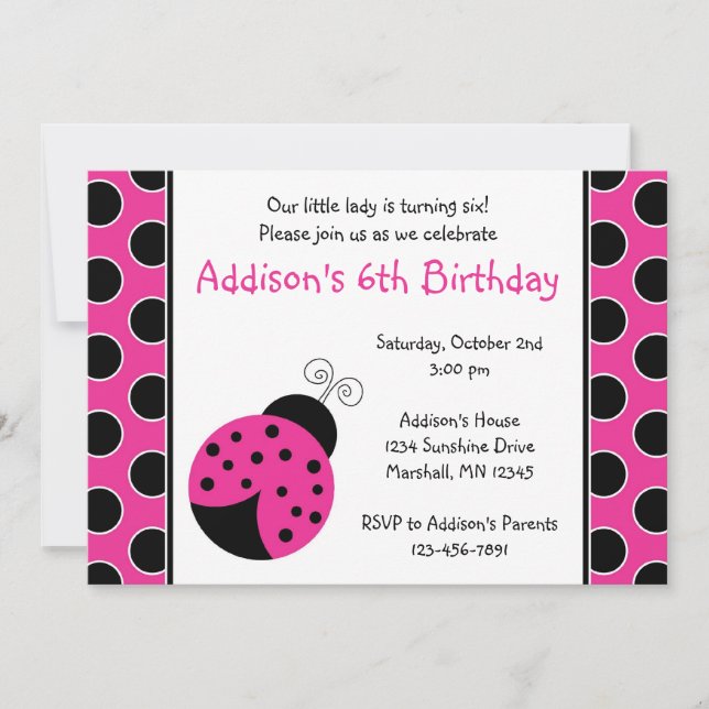 Convites do aniversário do joaninha do rosa quente (Frente)