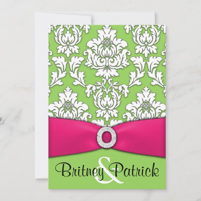 Convites do casamento tema damasco do rosa quente (Frente)