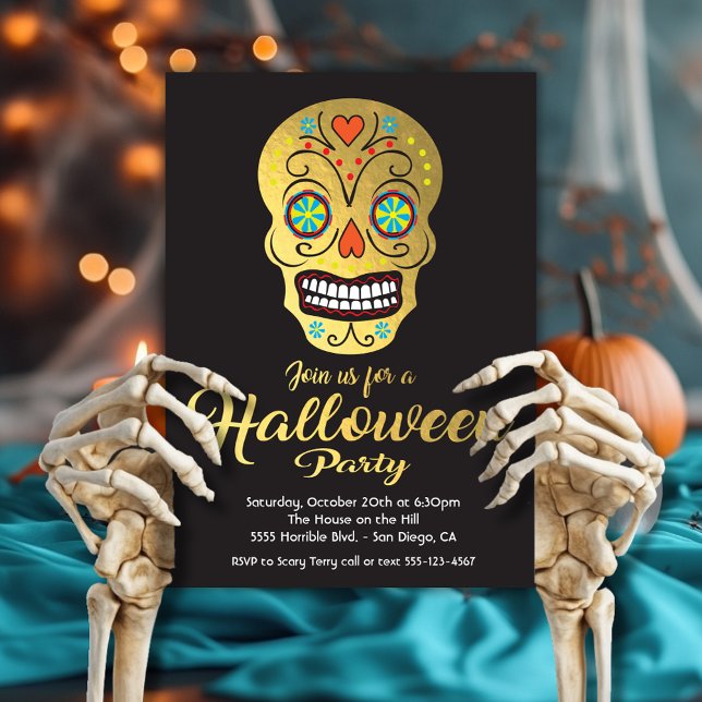 Convites do Gold Foil Skull Halloween Party (Criador carregado)